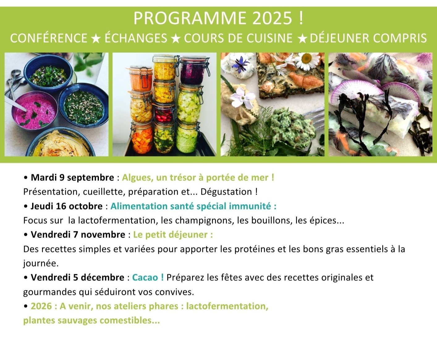 Ateliers cuisine santé & naturo à Pornic septembre décembre 2025 Programme ateliers cuisine santé et naturo à Pornic juin à décembre 2024