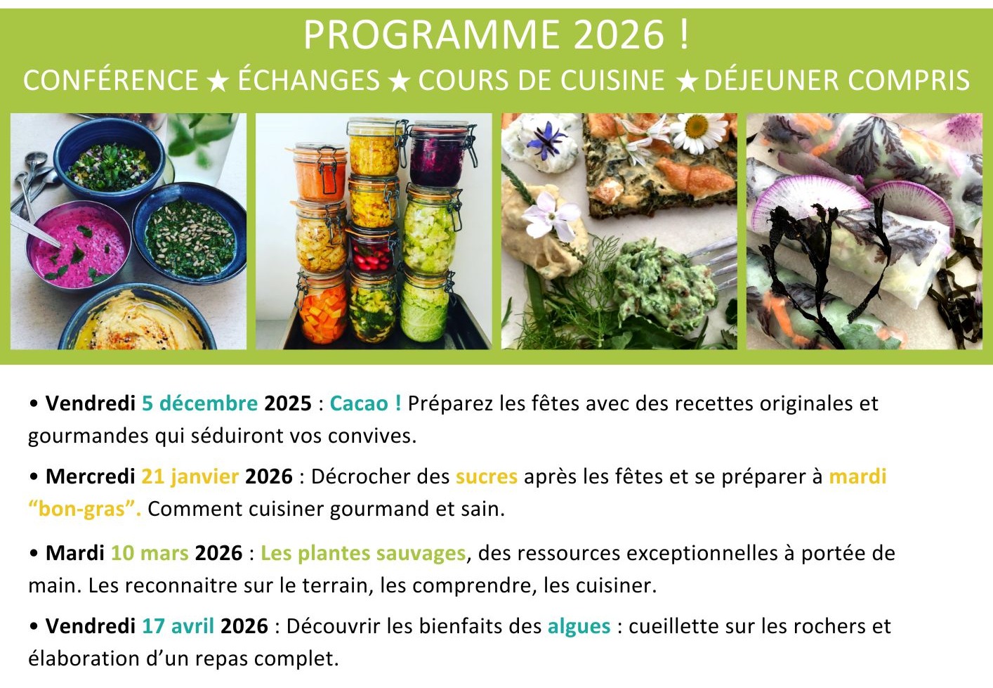 Programme ateliers cuisine santé et naturo à Pornic juin à décembre 2024