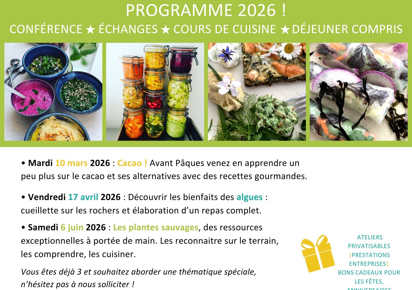 Programme ateliers cuisine santé et naturo à Pornic juin à décembre 2024