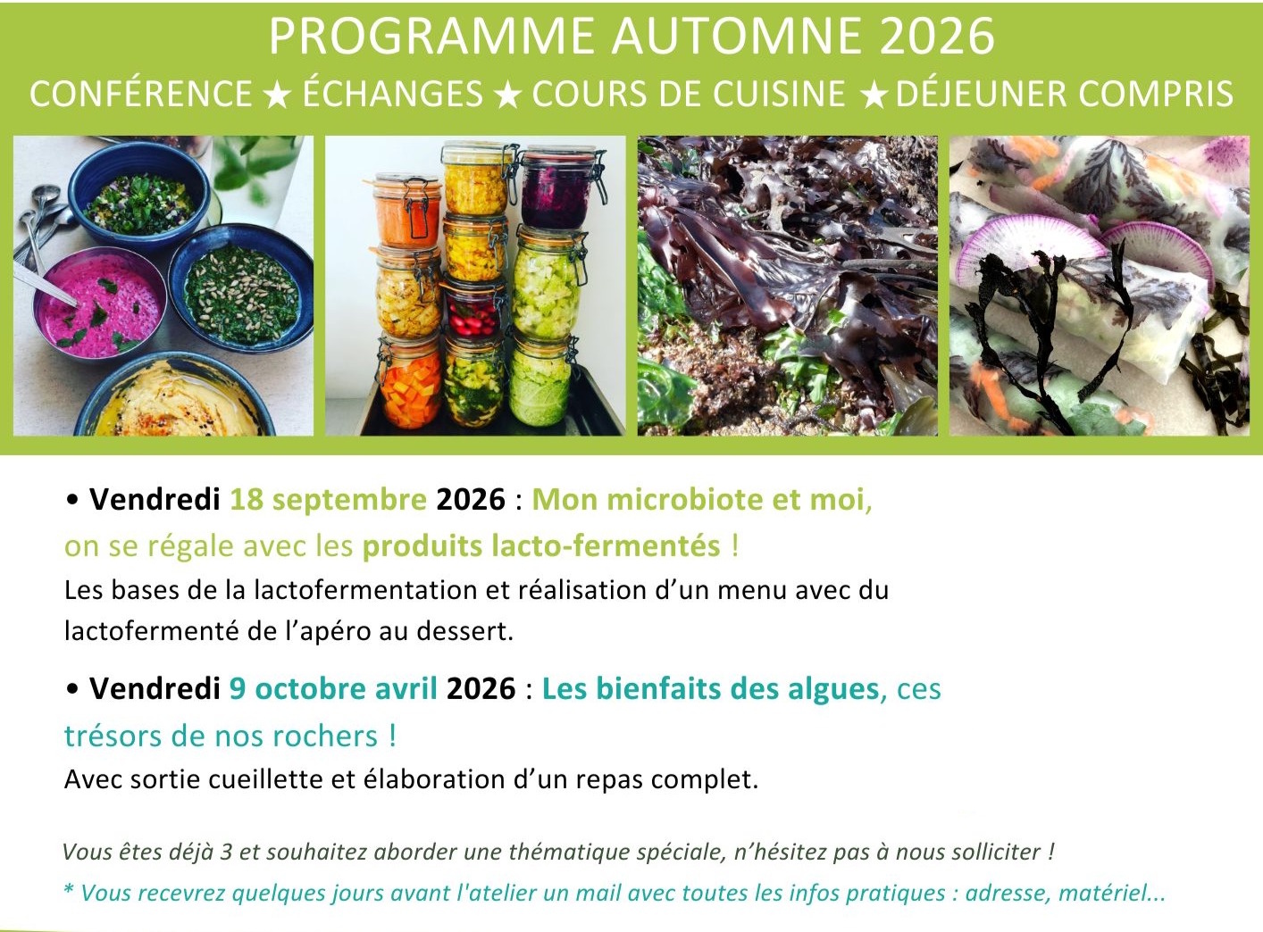 Programme ateliers cuisine santé et naturo à Pornic juin à décembre 2024